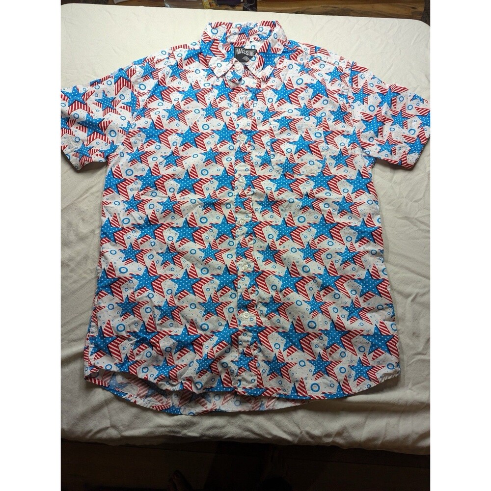 Massive Mens Medium Patriotic Shirt USA Stars Stripes Red White Blue Button Up M